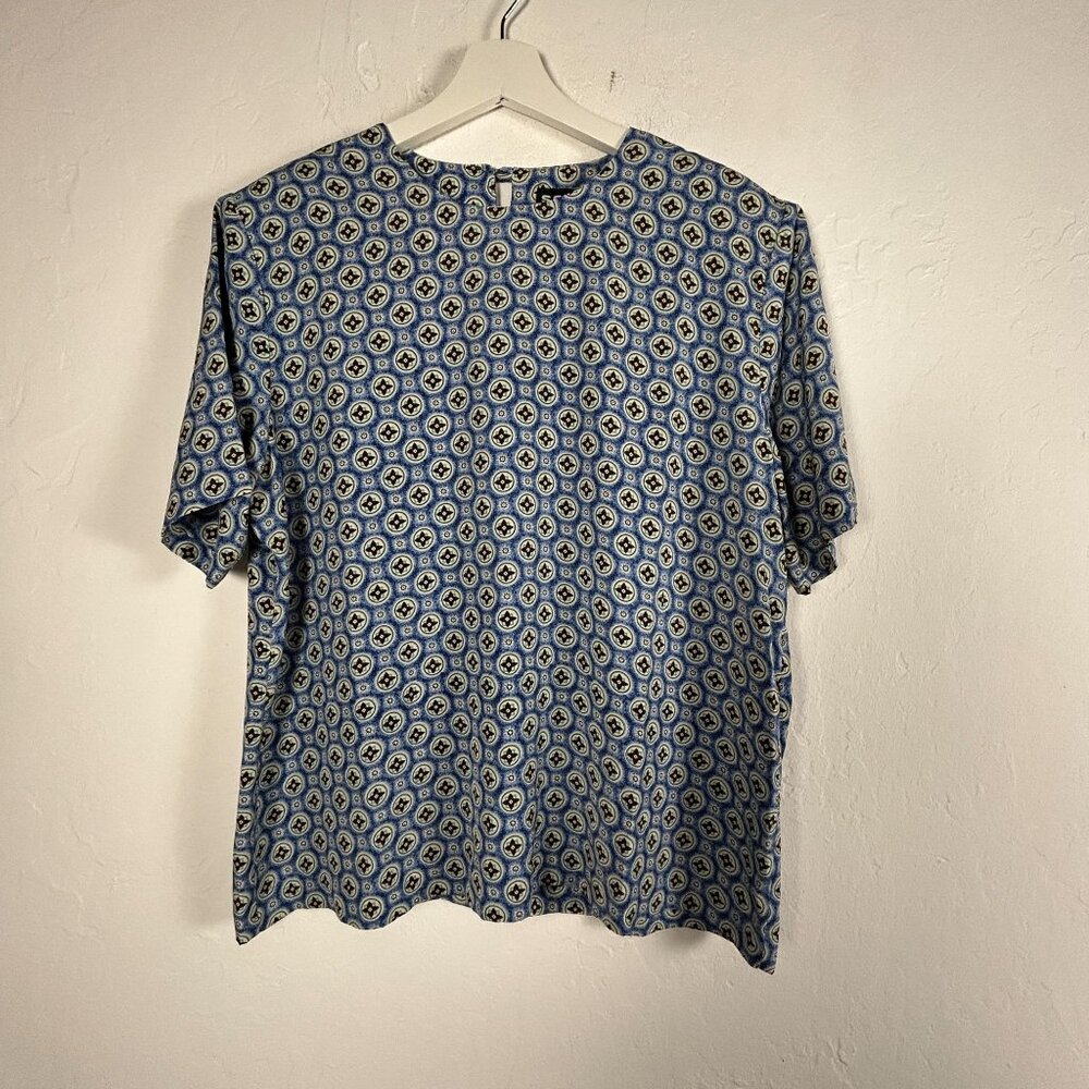 Vintage S.G. Sport Collection Womens Blue Floral Print Short Sleeve Blouse Large